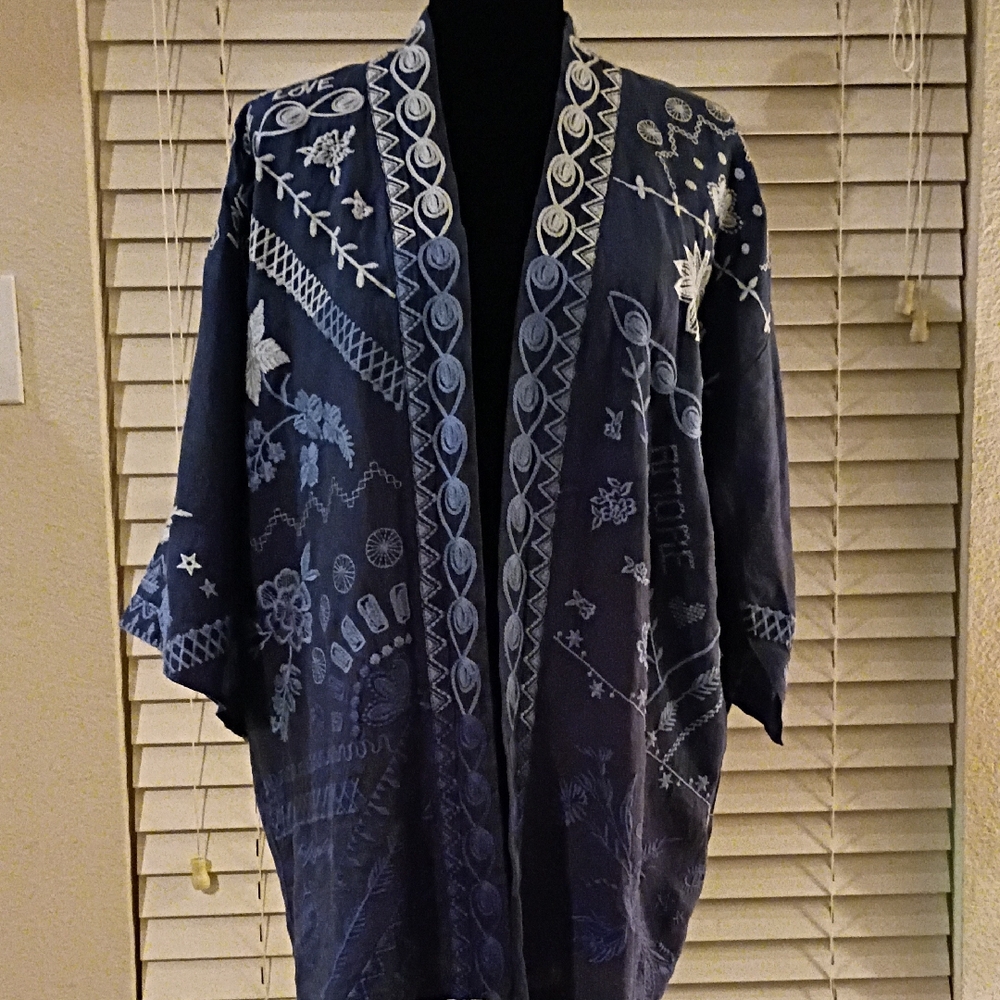 Johnny Was Navy Blue SMALL Embroidered Kimono with Light Blue/Gray Accents